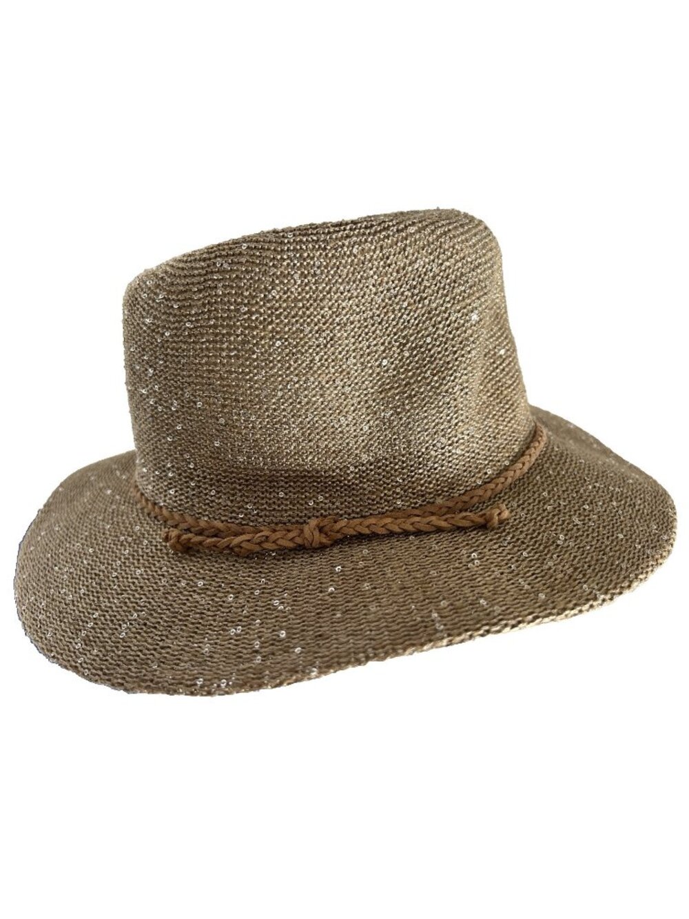 Panama Sun Hat Ladies Classic Knitted Sequin Wide Brim Tan Braided Band Packable